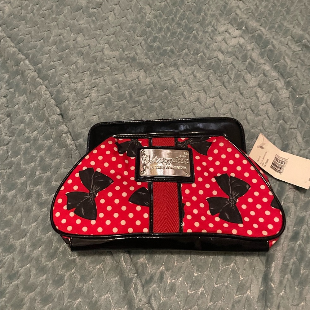Betsey Johnson Red Polka Dot Clutch with Black Bows